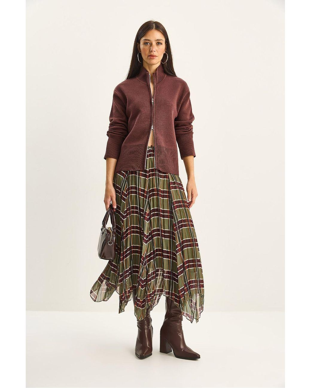 Bianco Lucci Green Lined Checkered Midi Skirt