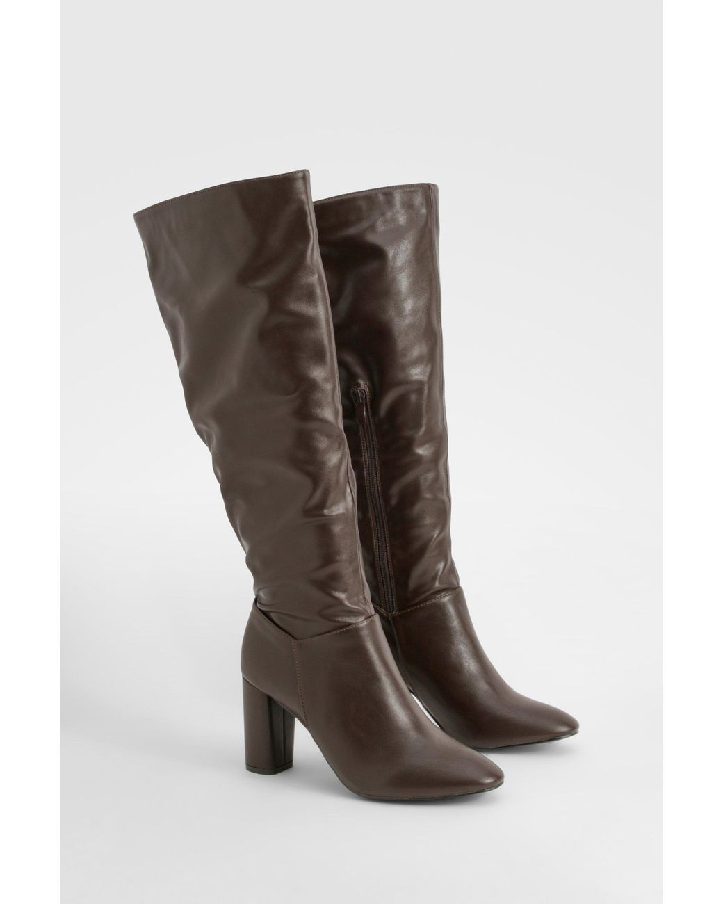 Boohoo Brown Block Heel Knee High Boots