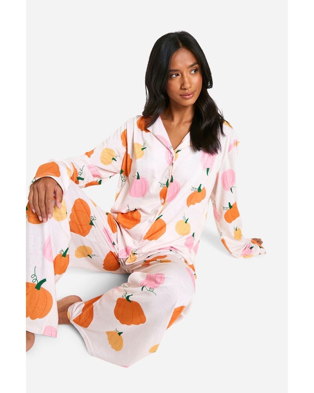 Boohoo Orange Petite Halloween Pumpkin Print Long Sleeve Shirt & Pants Pyjama Set
