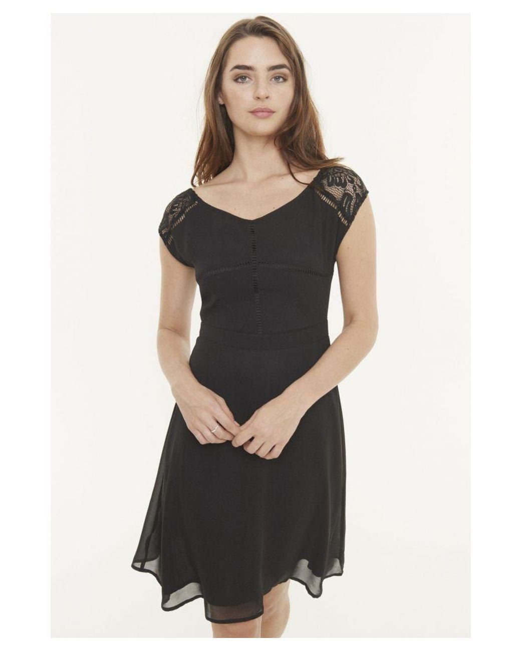 Sosandar Black Stretch Lace Sleeve Bardot Dress