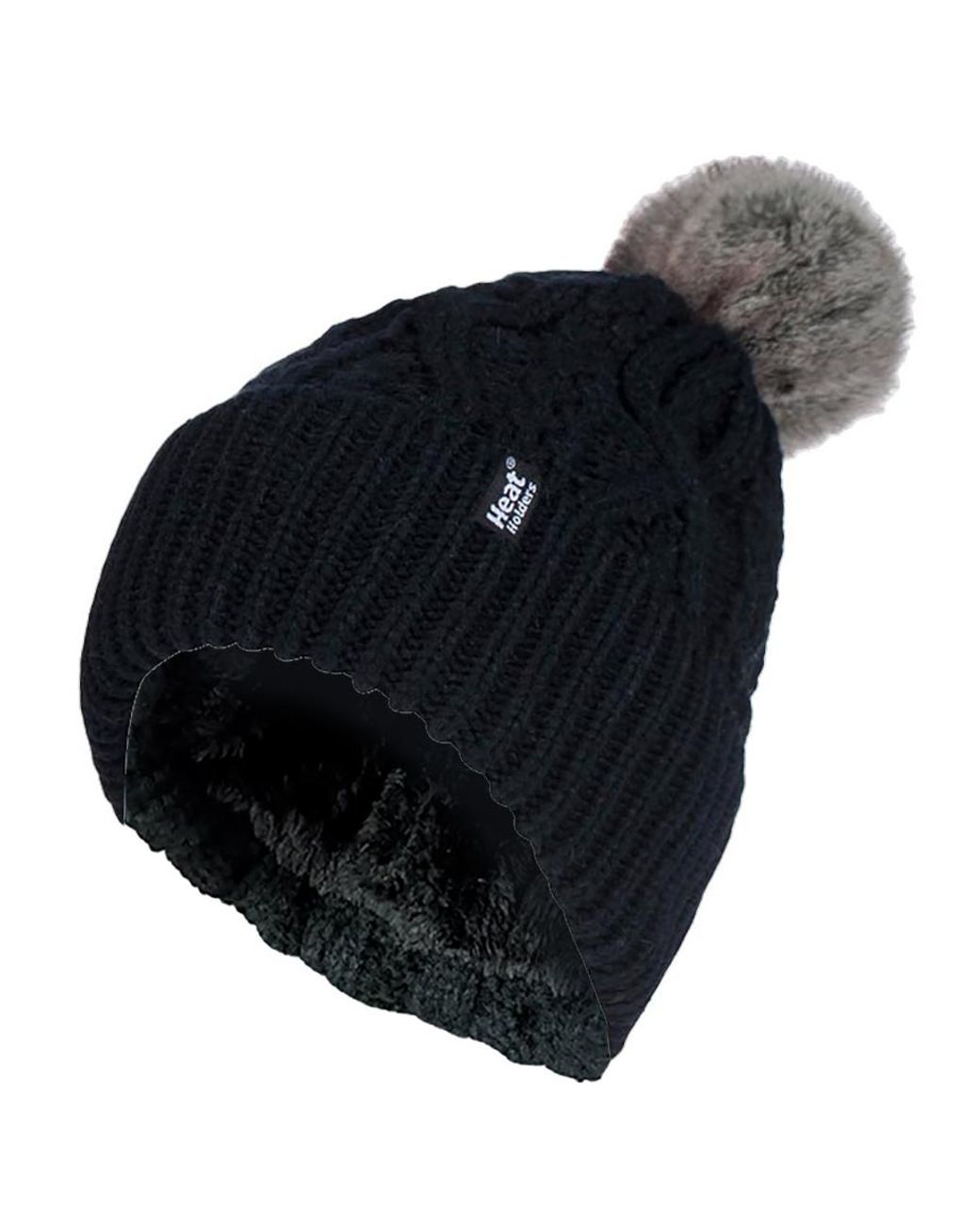 Heat Holders Black Ladies Ribbed Cuffed Pom Pom Bobble Beanie Hat With Fleece Lining
