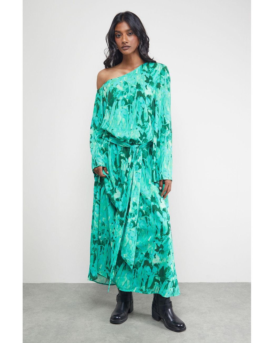 Warehouse Green Crinkle Chiffon One Shoulder Drop Waist