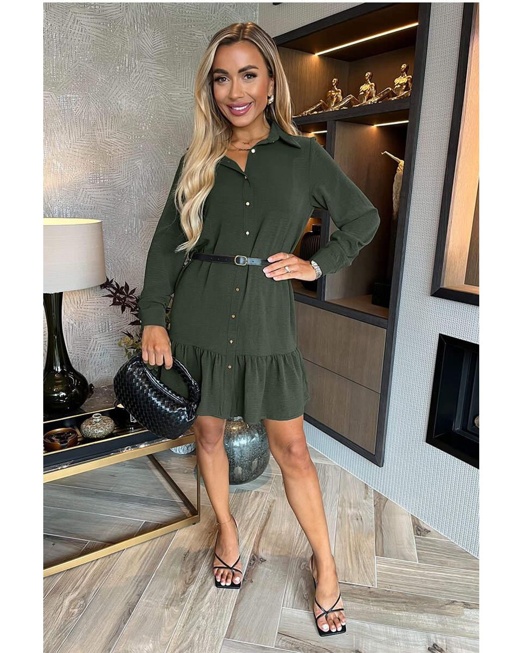 AX Paris Green Long Sleeve Frill Hem Shirt Mini Dress