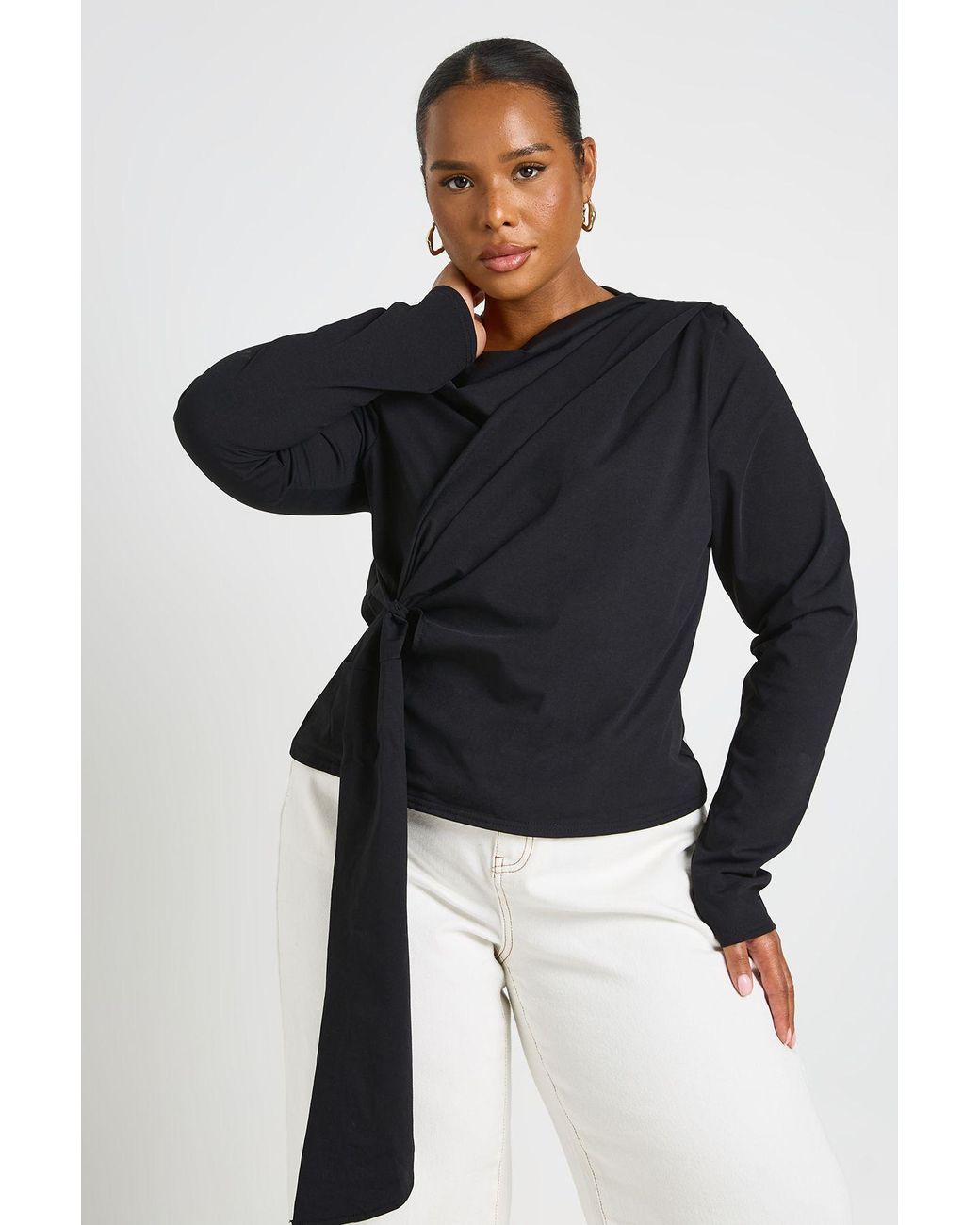 Boohoo Blue Plus Knot Tie Long Sleeve Top