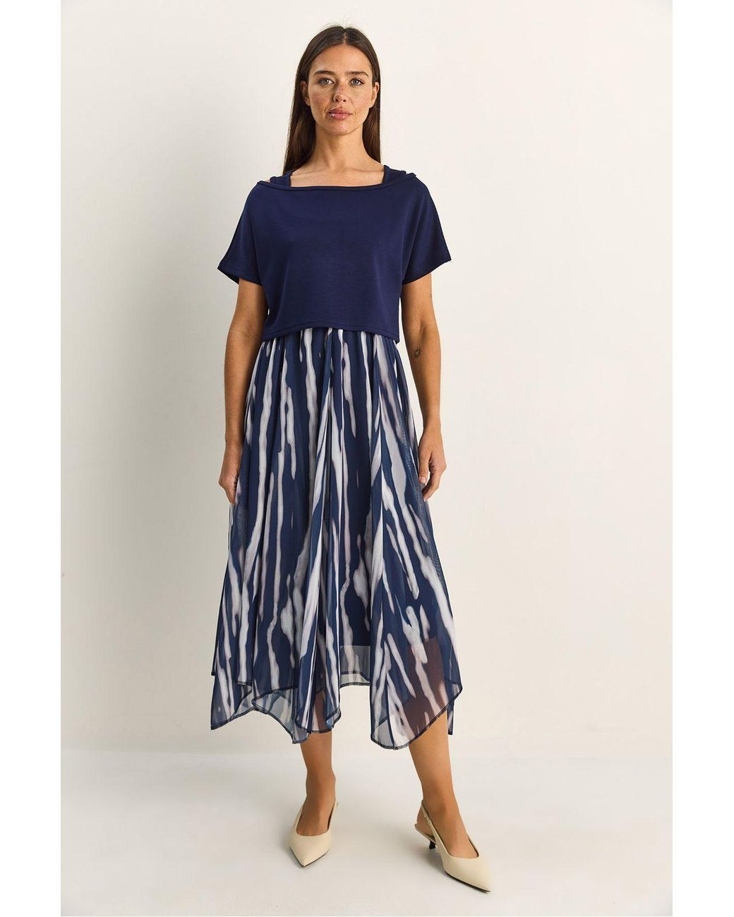 Bianco Lucci Blue Abstract Print Boat Neck Midi Dress