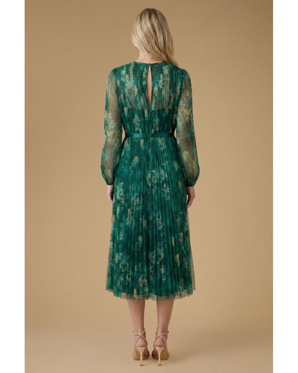 Oasis Green Floral Mesh Balloon Sleeve Midi Dress
