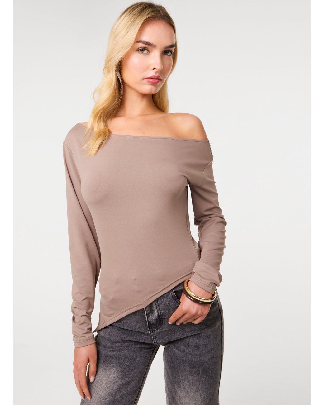 Pink Vanilla Natural Off Shoulder Asymmetric Hem Top