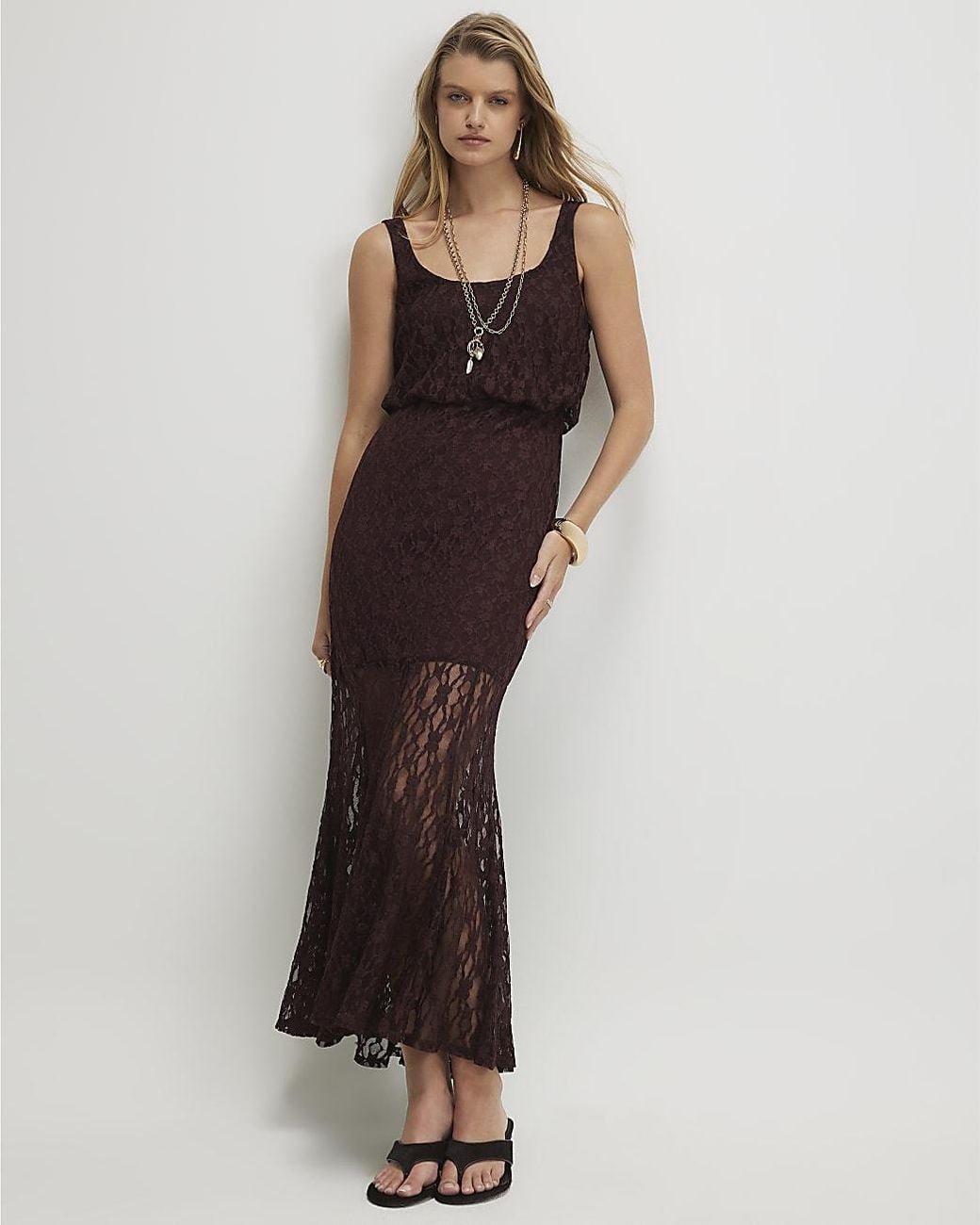 River Island Brown Maxi Dress Lace Sleeveless