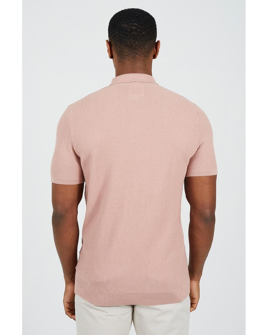 Brave Soul Pink Cotton Waffle Knit Embroidered Polo Shirt for men