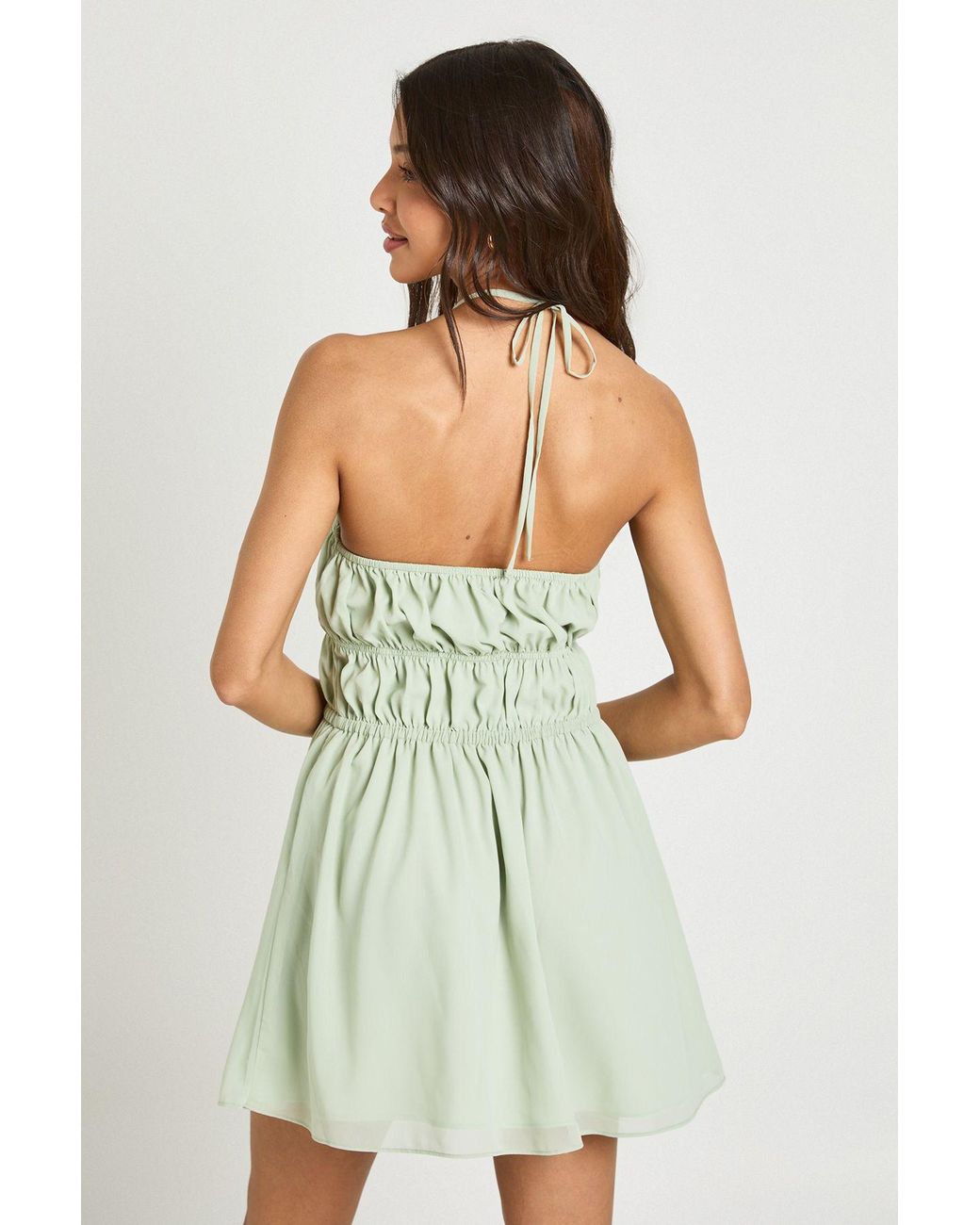 Boohoo Green Chiffon Shirred Halterneck Mini Dress