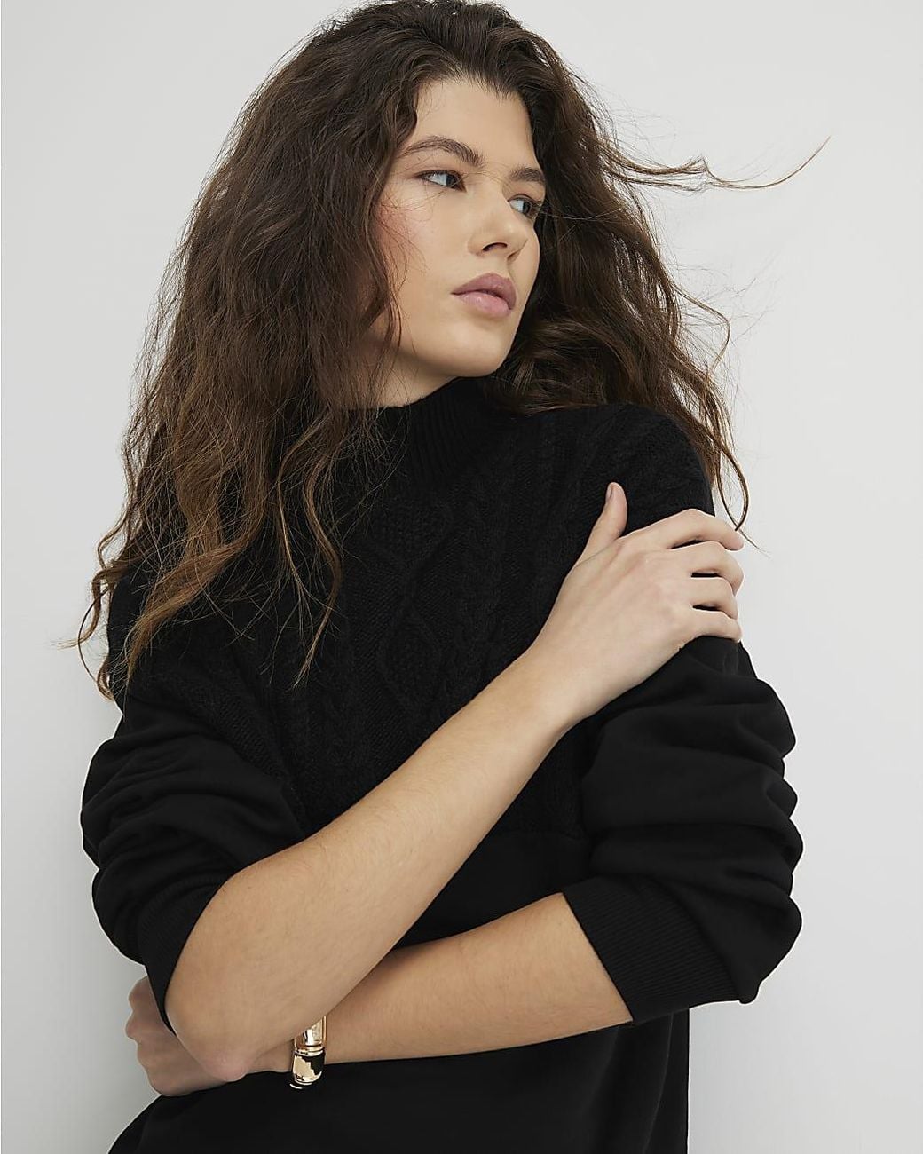 River Island Black Jumper Mini Dress Knit Mix Roll Neck Cotton