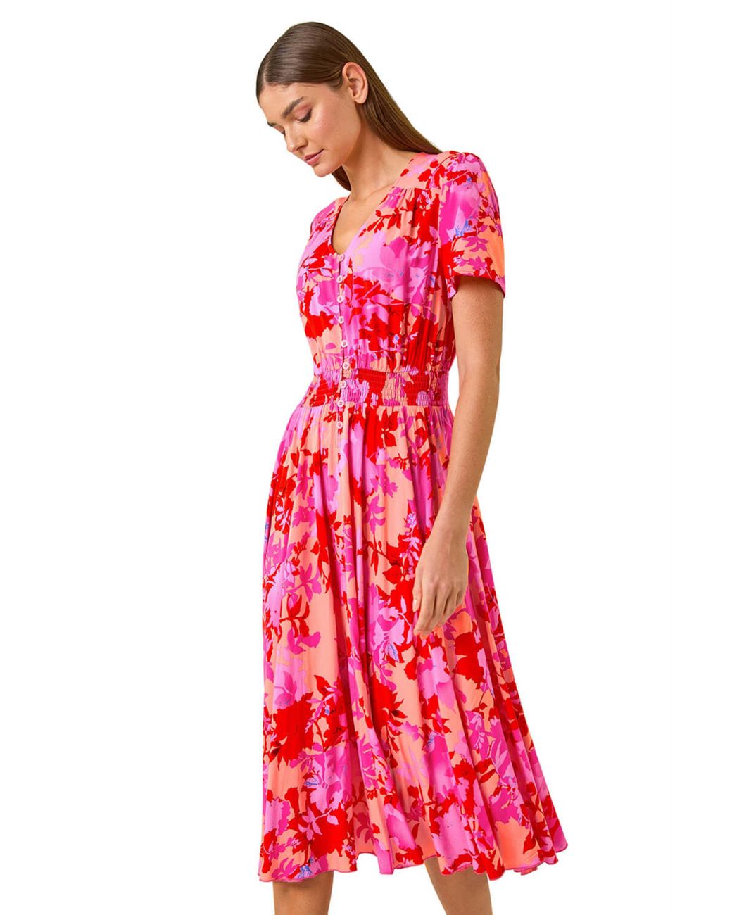 Roman Shadow Floral Print Shirred Midi Dress