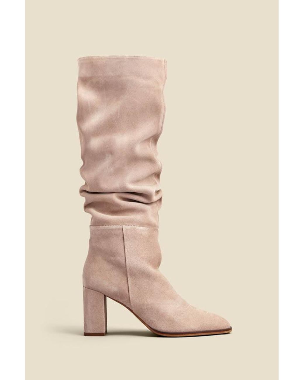 Sosandar Natural Taupe Suede Block Heel Slouch High Leg Boots
