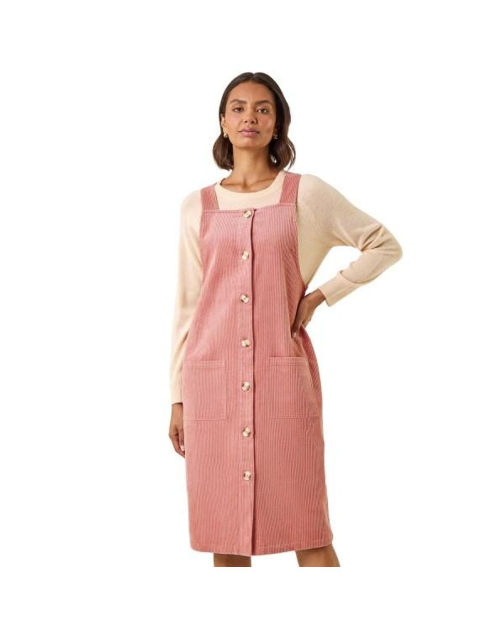 Roman Pink Corduroy Pinafore Midi Dress