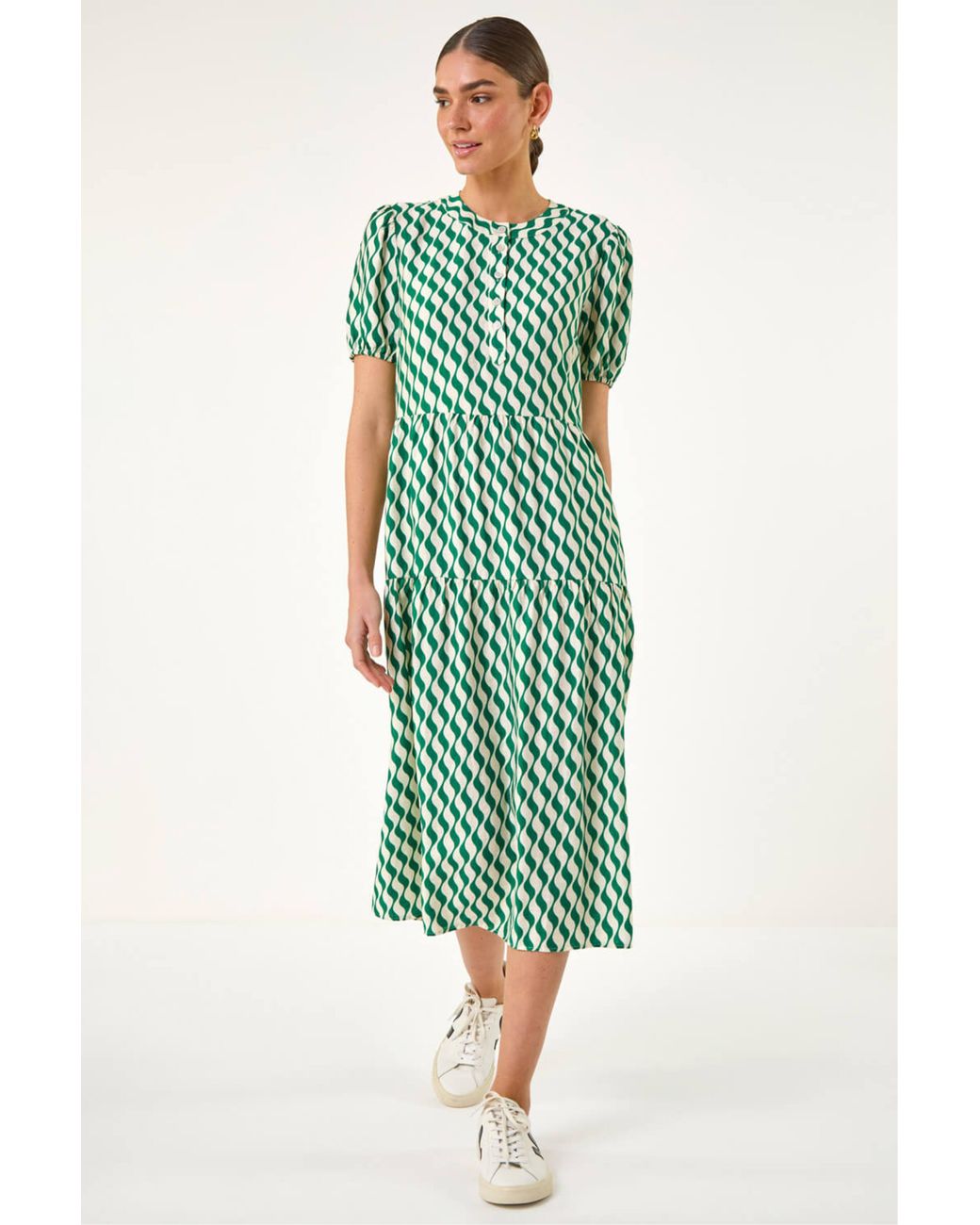 Roman Green Geo Print Button Shirt Midi Dress