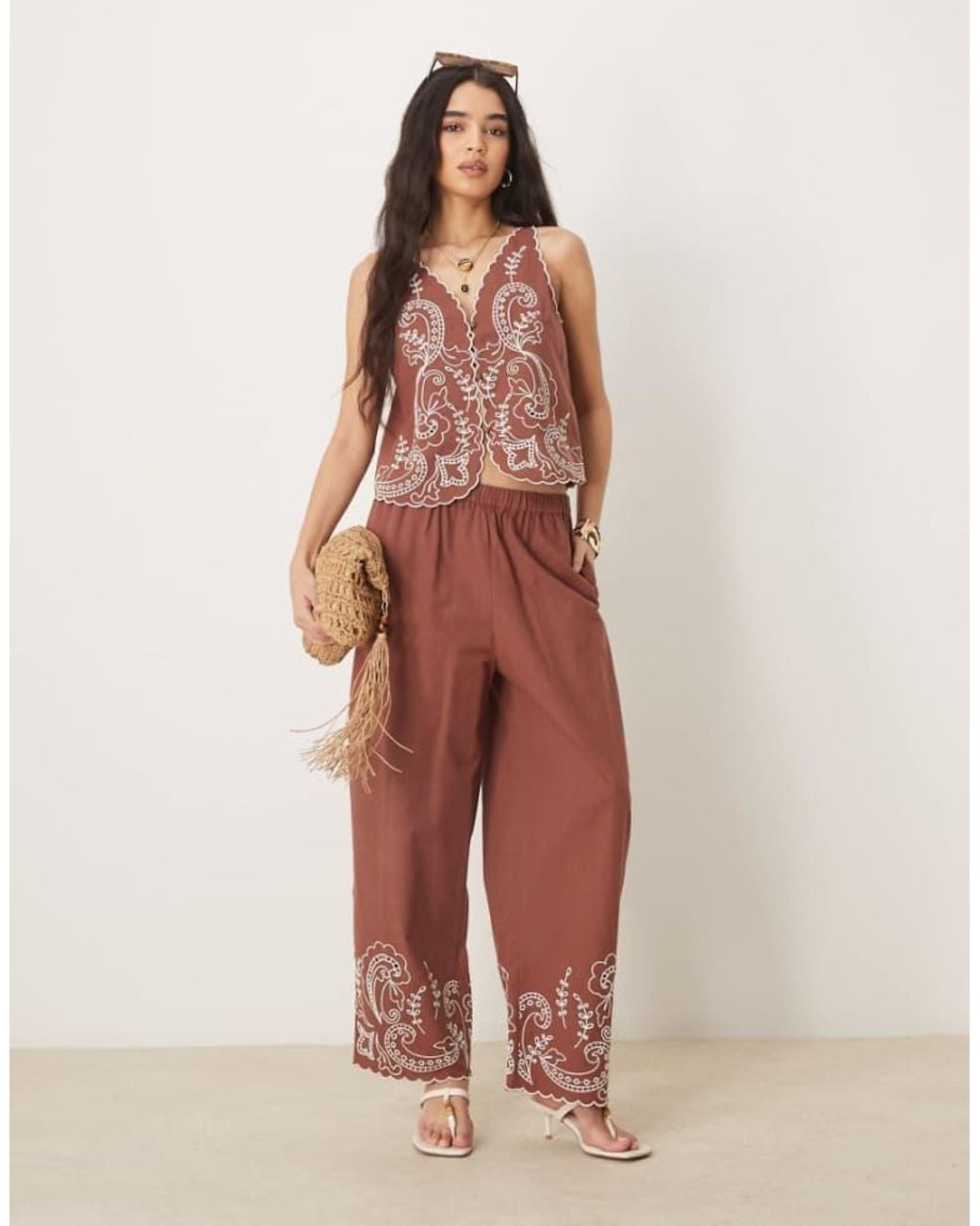 ASOS Multicolor Linen Blend Wide Leg Scallop Edge Embroidered Trousers Co-Ord