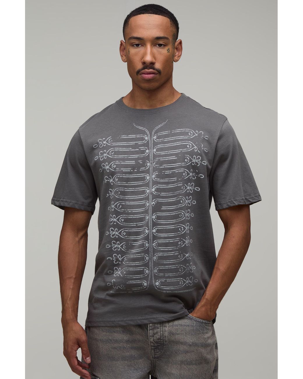BoohooMAN Gray Regular Napoleon Print T-Shirt Cotton for men