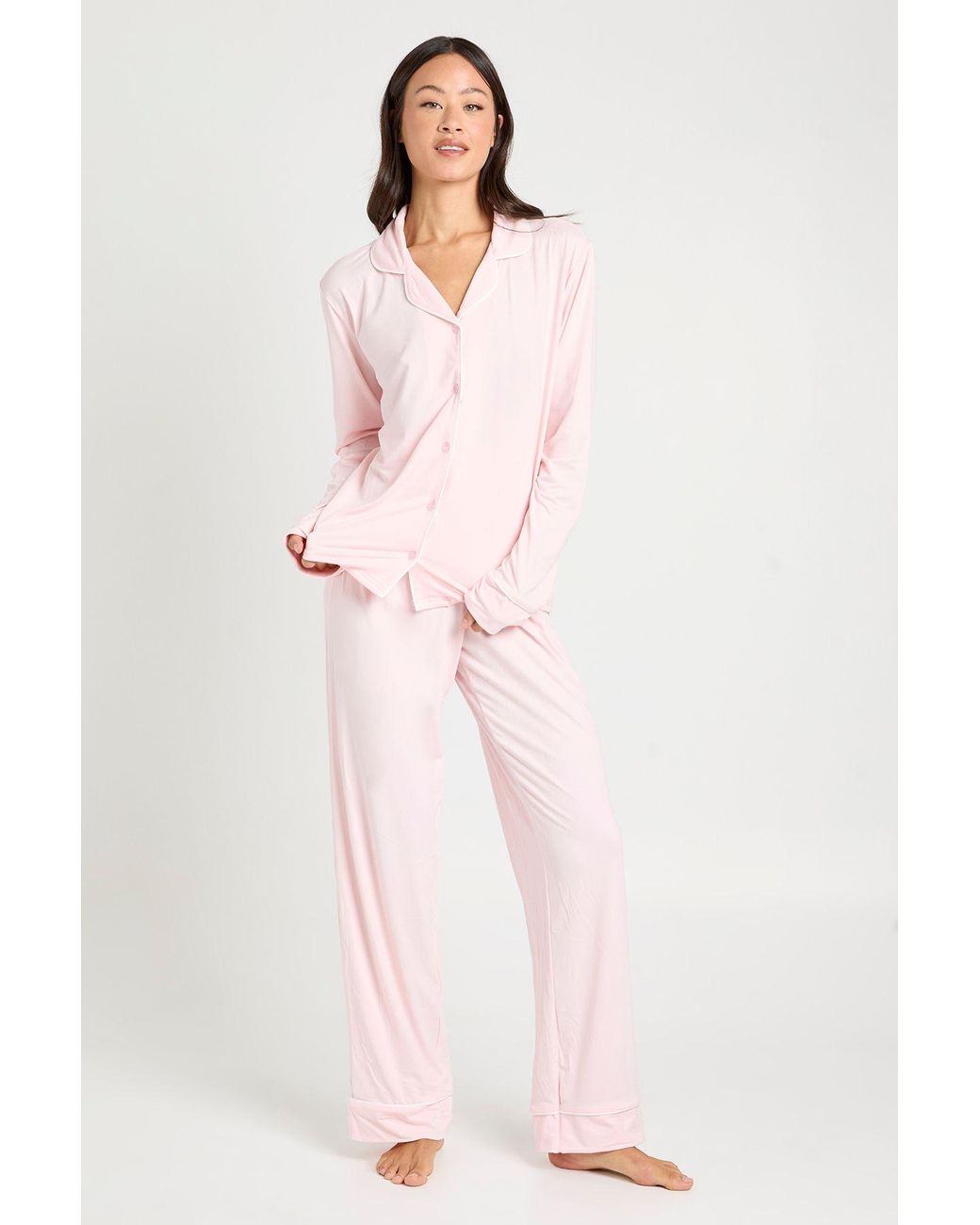 Boohoo Pink Tall Jersey Piping Detail Long Sleeve Shirt & Trouser Pyjama Set