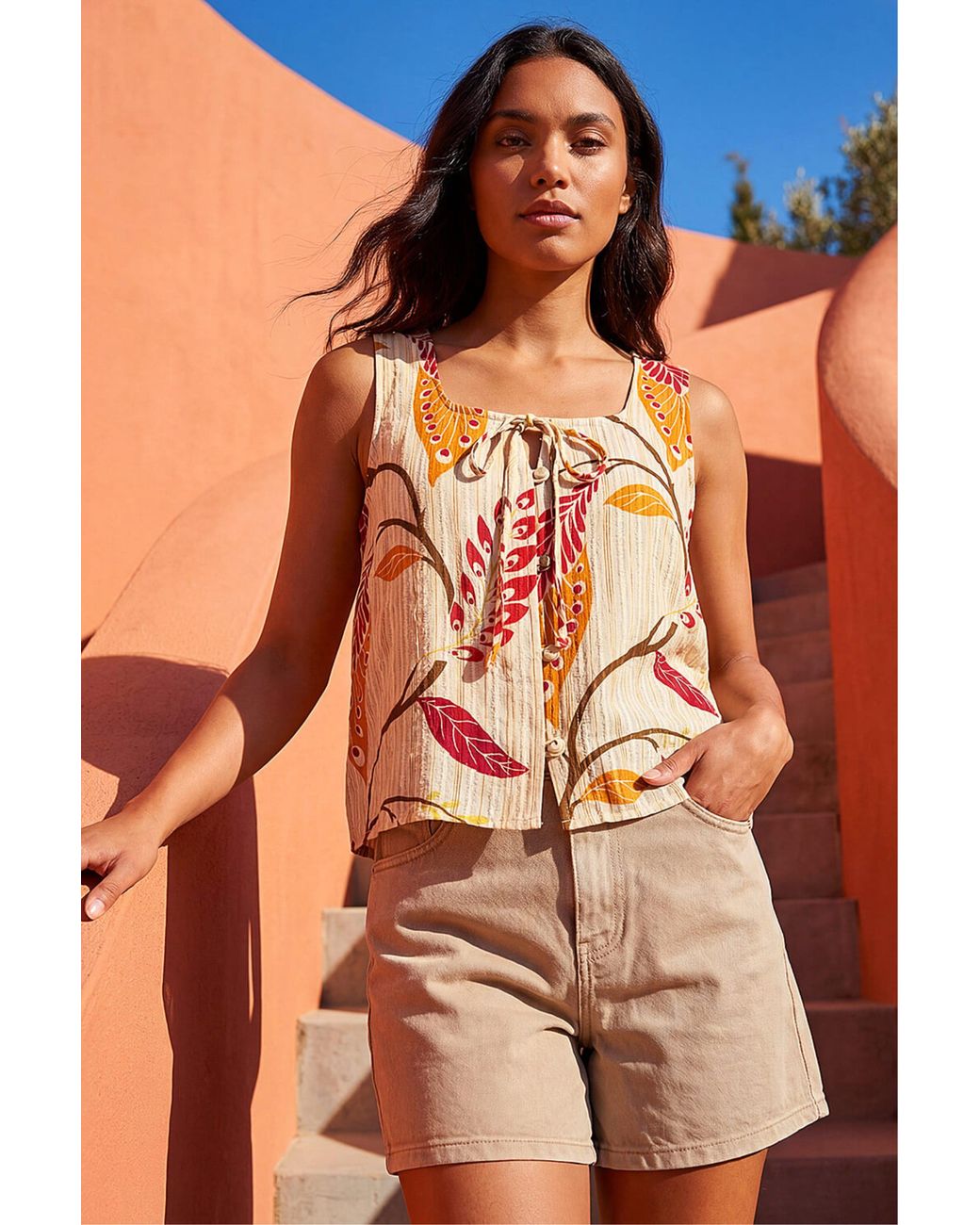 Roman Orange Leaf Print Textured Tie Front Blouse