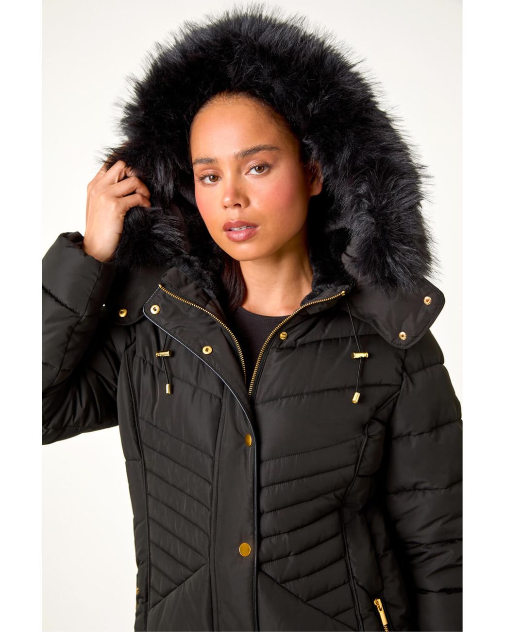 Roman Black Petite Hooded Longline Quilted Coat