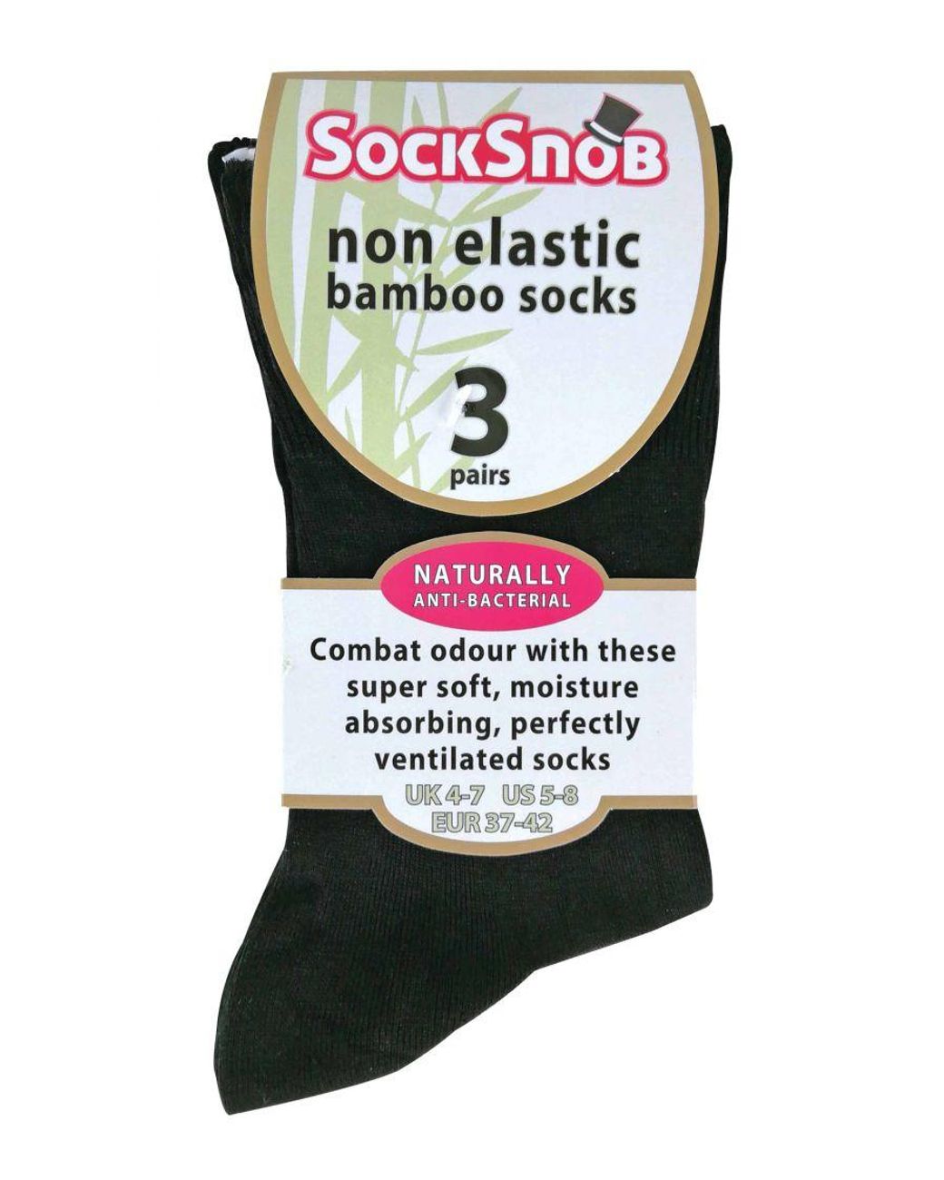 Sock Snob Black 3 Pairs Ladies Anti Odour Loose Wide Top Non Elastic Bamboo Socks