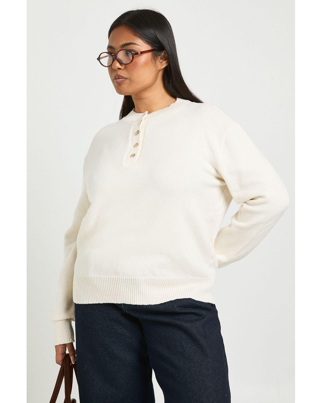 Boohoo White Plus Button Crew Neck Jumper