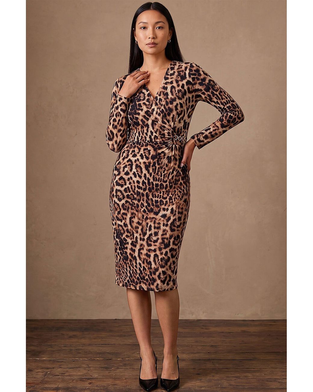 Roman Brown Animal Gathered Chain Dress