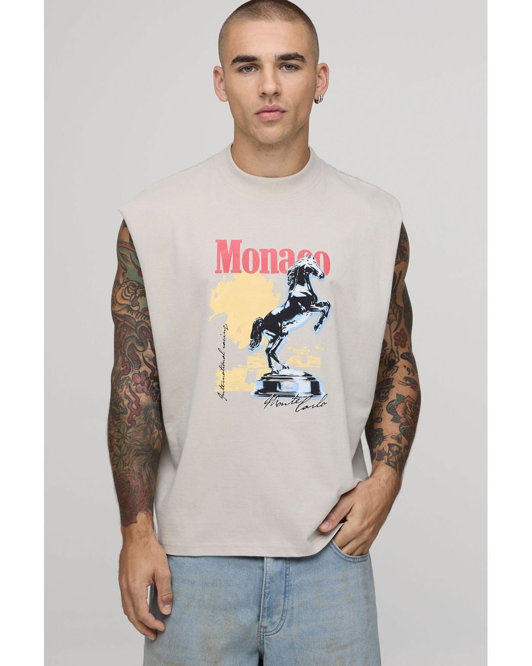 BoohooMAN Gray Stone Oversized Boxy Monaco Graphic Tank for men