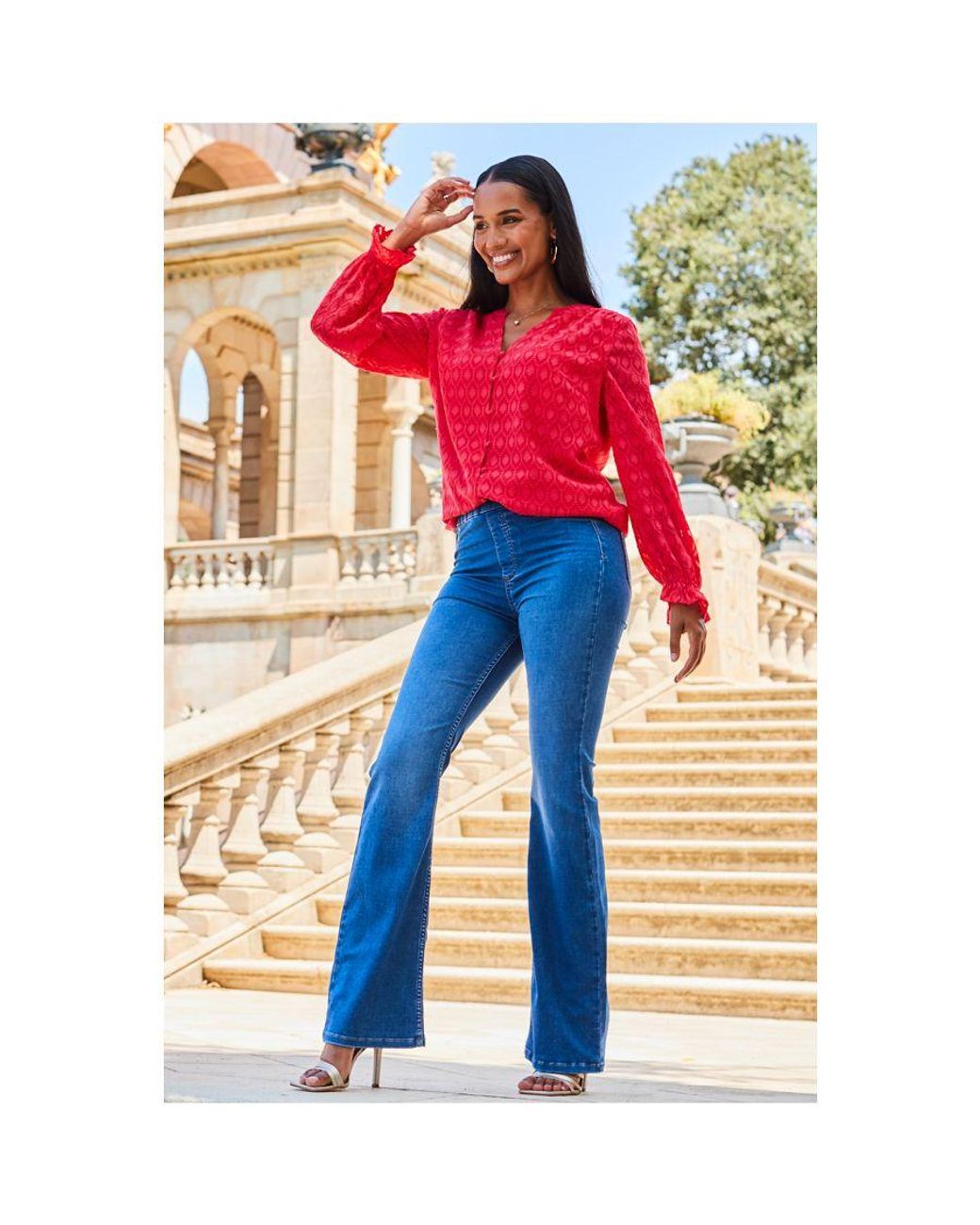 Sosandar Coral Button Front Longline Textured Blouse