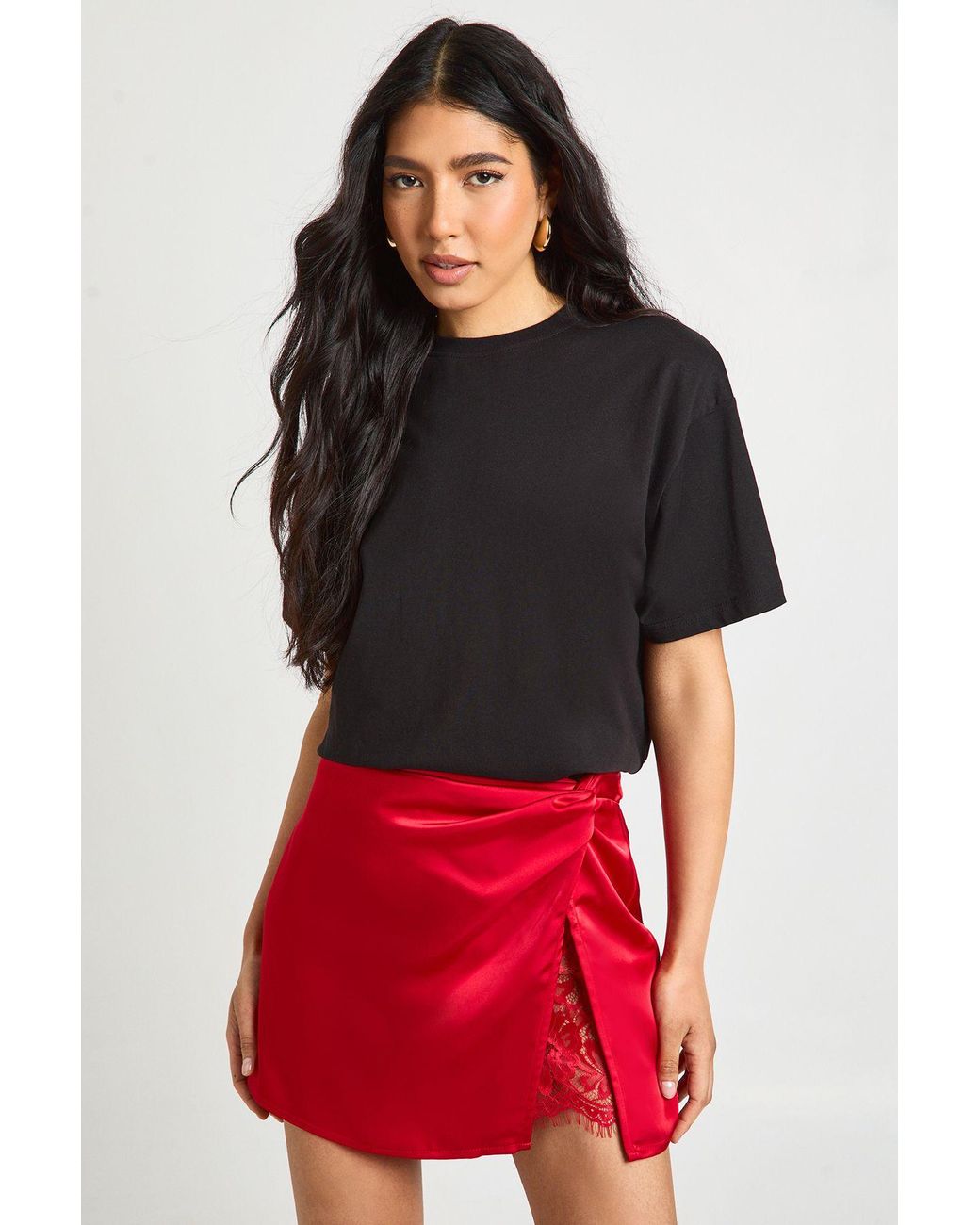 Boohoo Red Tall Lace Insert Satin Mini Skirt