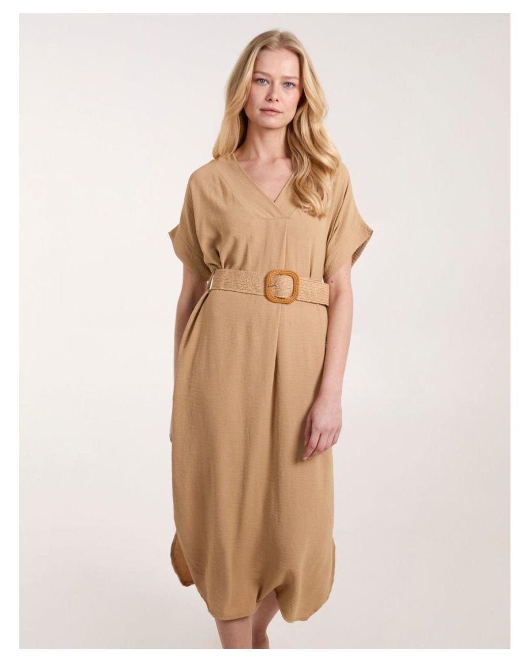 Blue Vanilla Natural V Neck Midi Dress With Belt