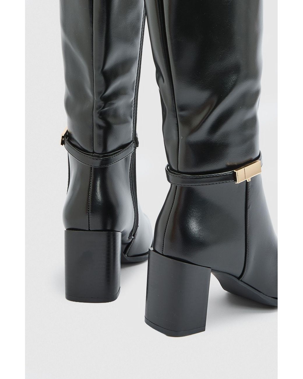 Wallis Black Joy Faux Leather Metal Trim High Block Heel Leg Boots