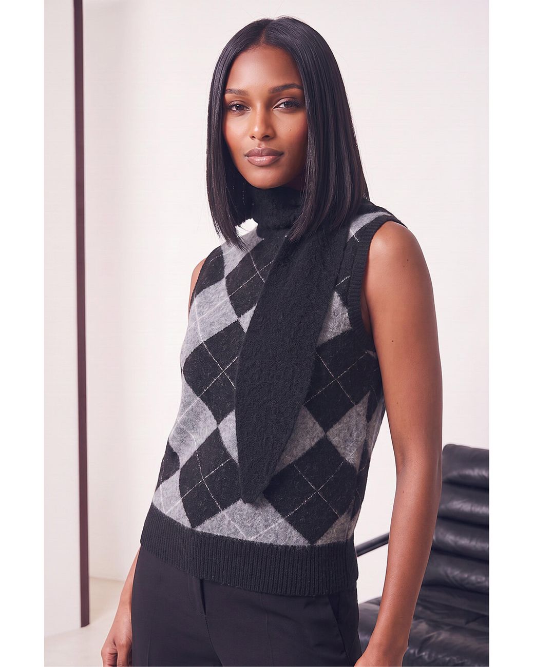 D.u.s.k Blue Argyle Tie Neck Knitted Jumper