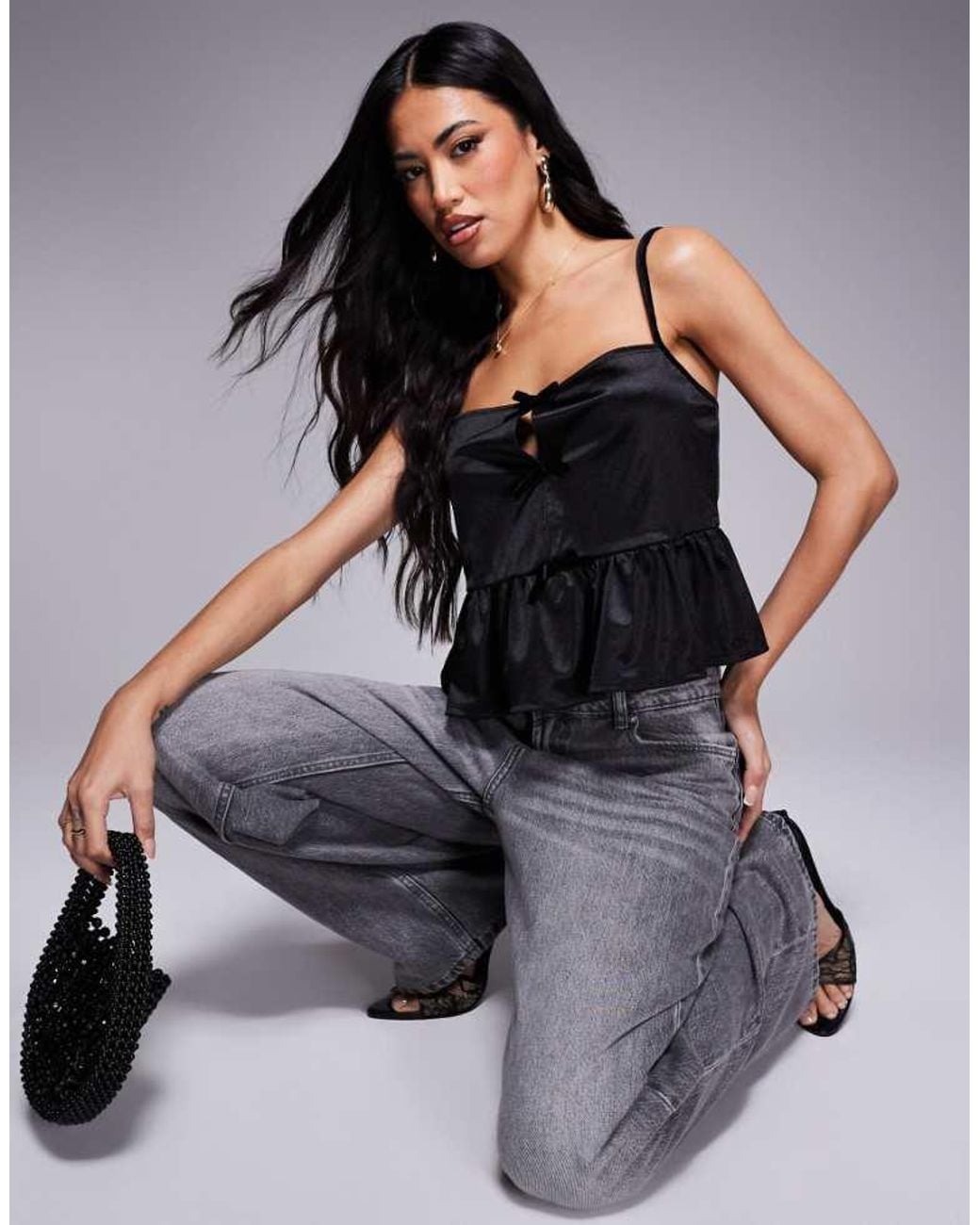 ASOS Black Velvet Bow Detail Square Neck Cami
