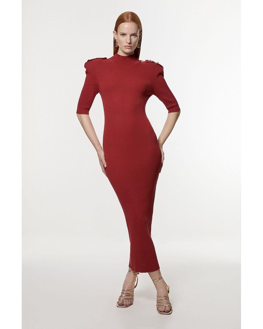 Karen Millen Viscose Blend Rib Knit Power Shoulder Military Trim Maxi Dress  in Red | Lyst UK