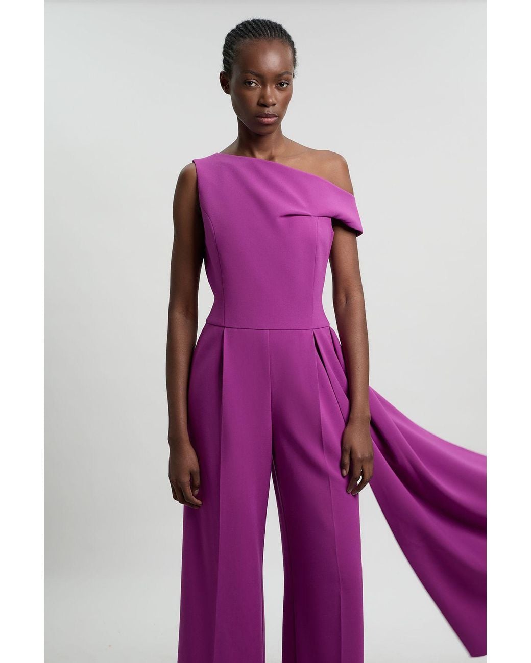 Karen Millen Purple Compact Stretch Asymmetric Neck Wide Leg Jumpsuit