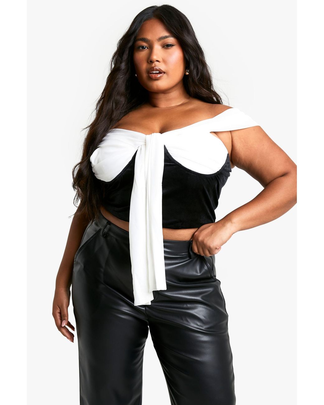 Boohoo Black Plus Mesh And Velvet Tie Front Bardot Corset Top