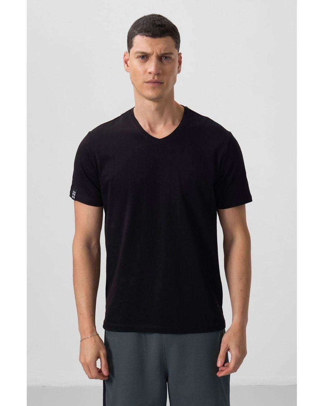 TOMMY LIFE Black Cotton Elastane V-Neck T-Shirt for men