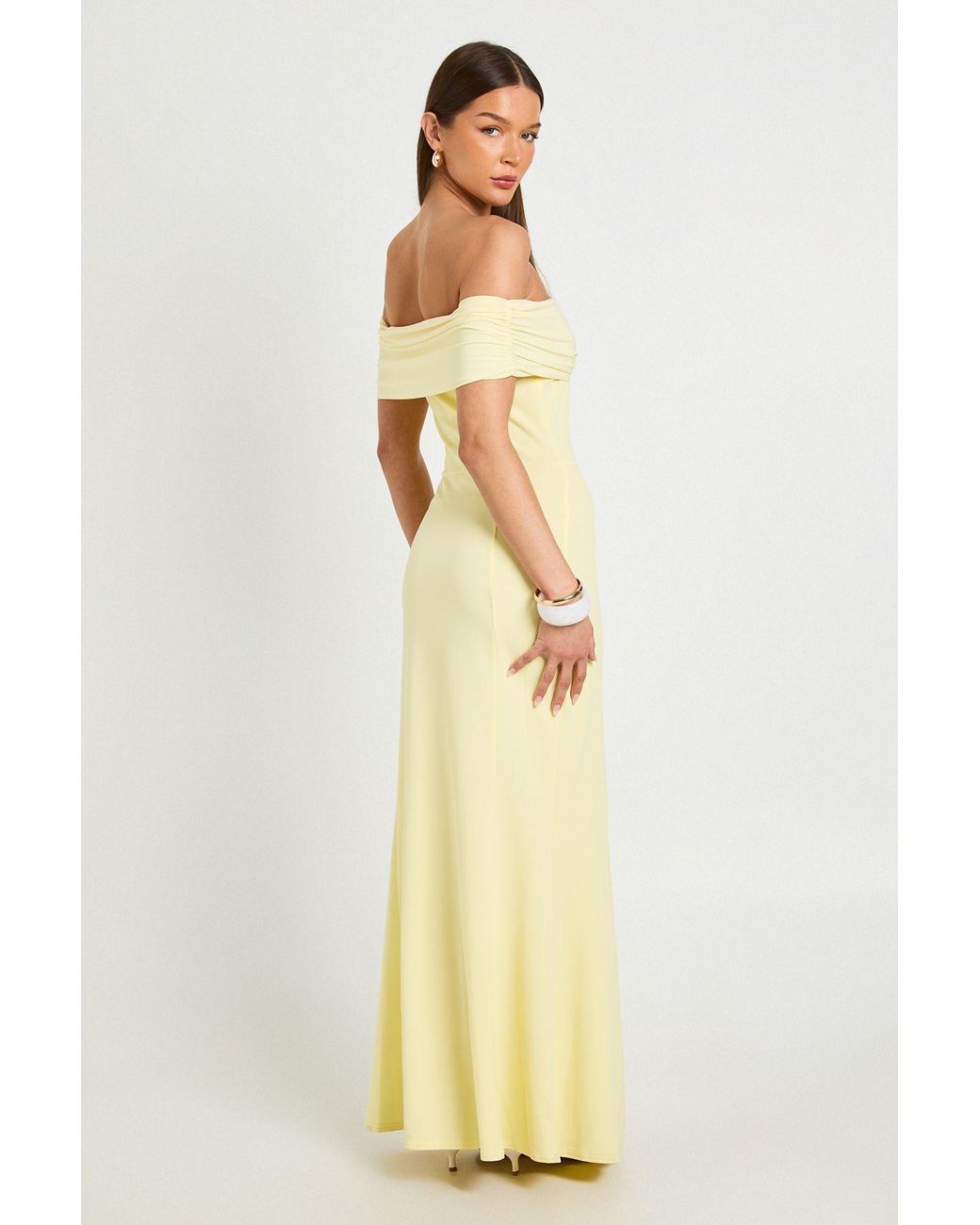 Boohoo Yellow Ruched Bardot Fluid Maxi Dress