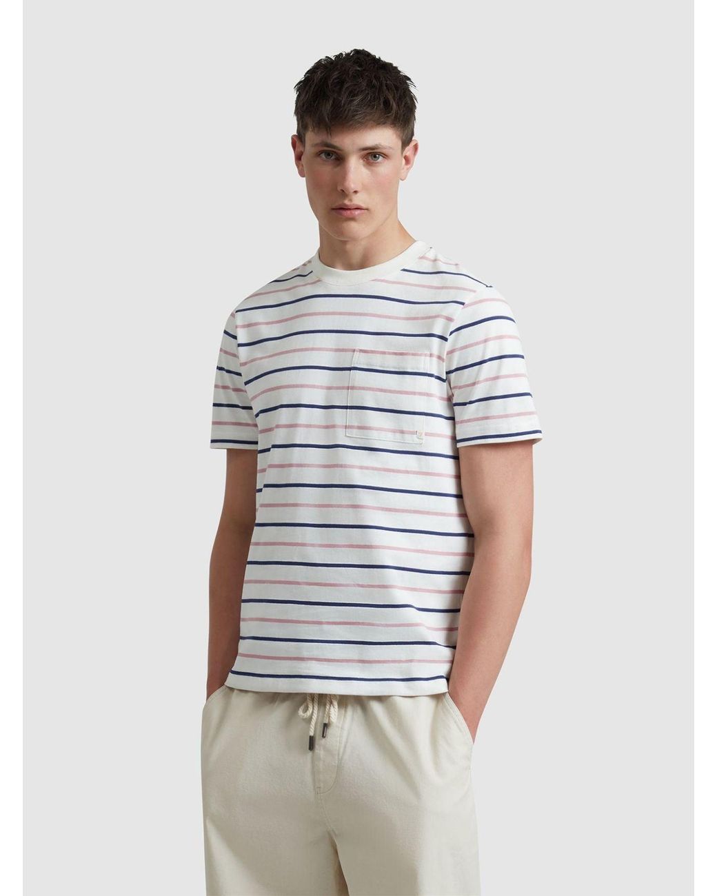 Farah White Stacy Stripe Pocket T-Shirt for men