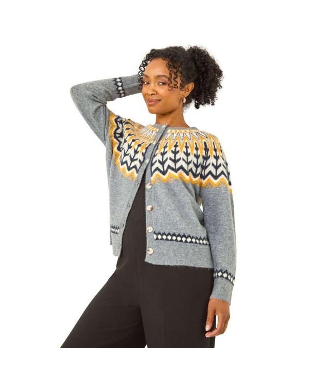 Roman Black Petite Fairisle Buttoned Knit Cardigan