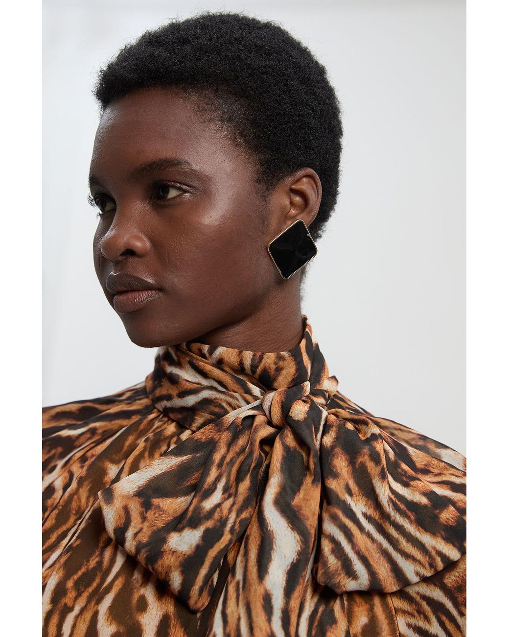 Karen Millen Brown Print Georgette Tie Bow Neck Woven Blouse