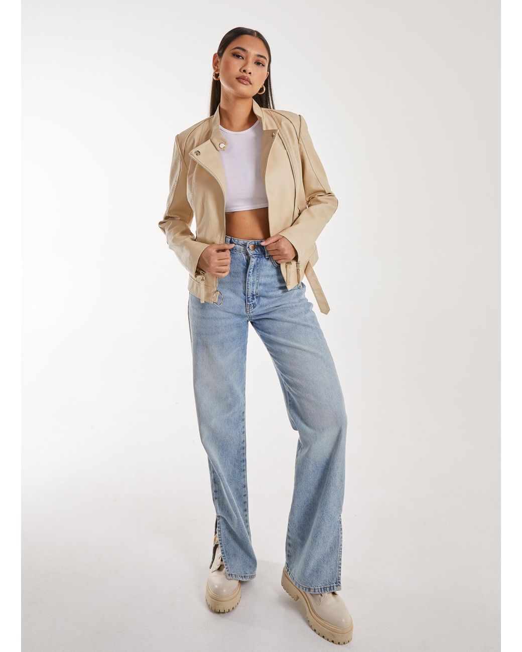 Pink Vanilla Blue Faux Pu Leather Biker Jacket