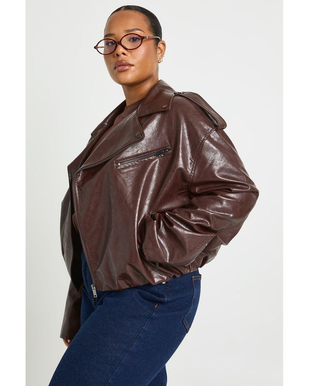 Boohoo Red Plus Faux Leather Bubble Hem Biker Jacket
