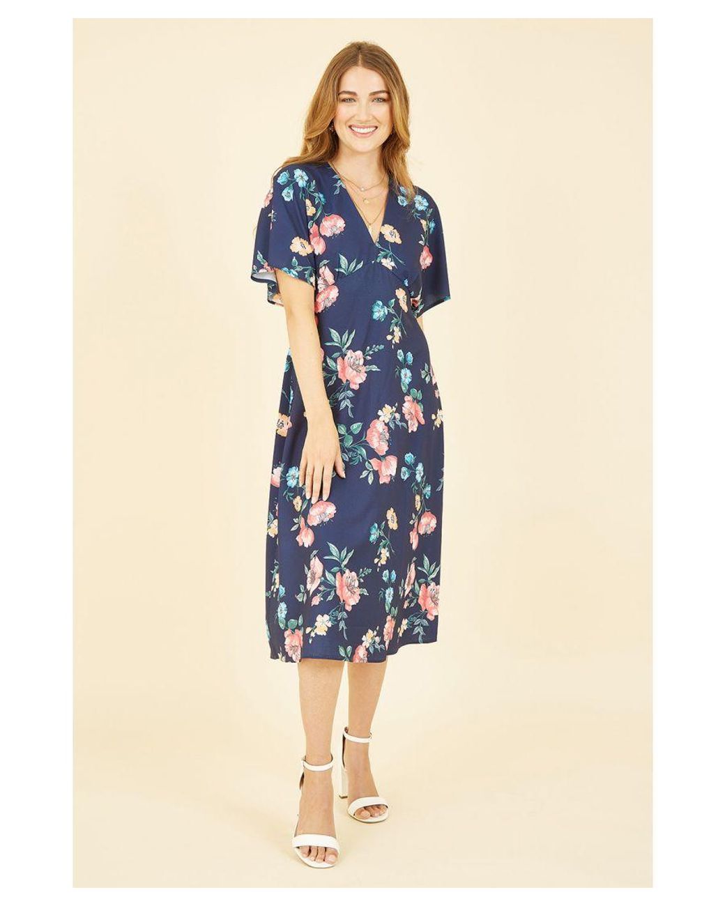 Yumi' Blue Floral Kimono Midi Dress