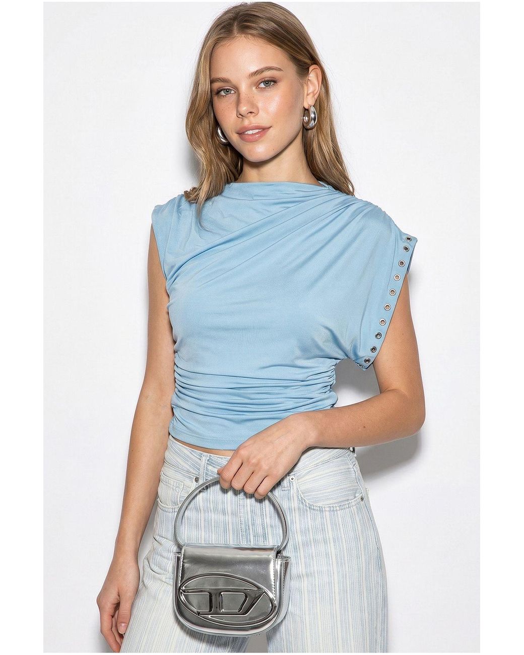 Bianco Lucci Blue Fitted Crop Boat-Neck Blouse