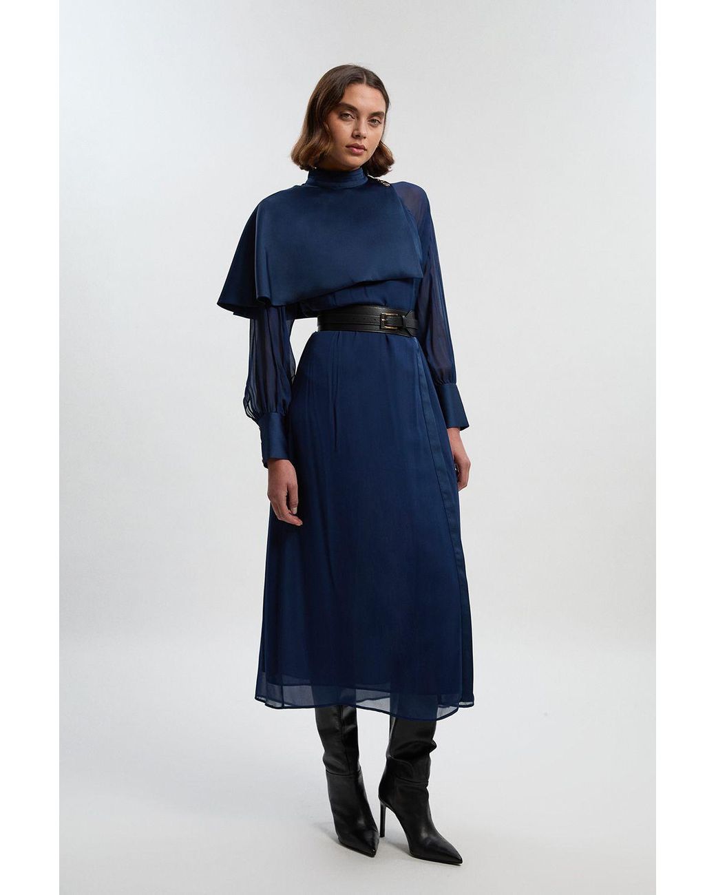 Karen Millen Blue Military Sheer Cape Detail Woven Maxi Dress