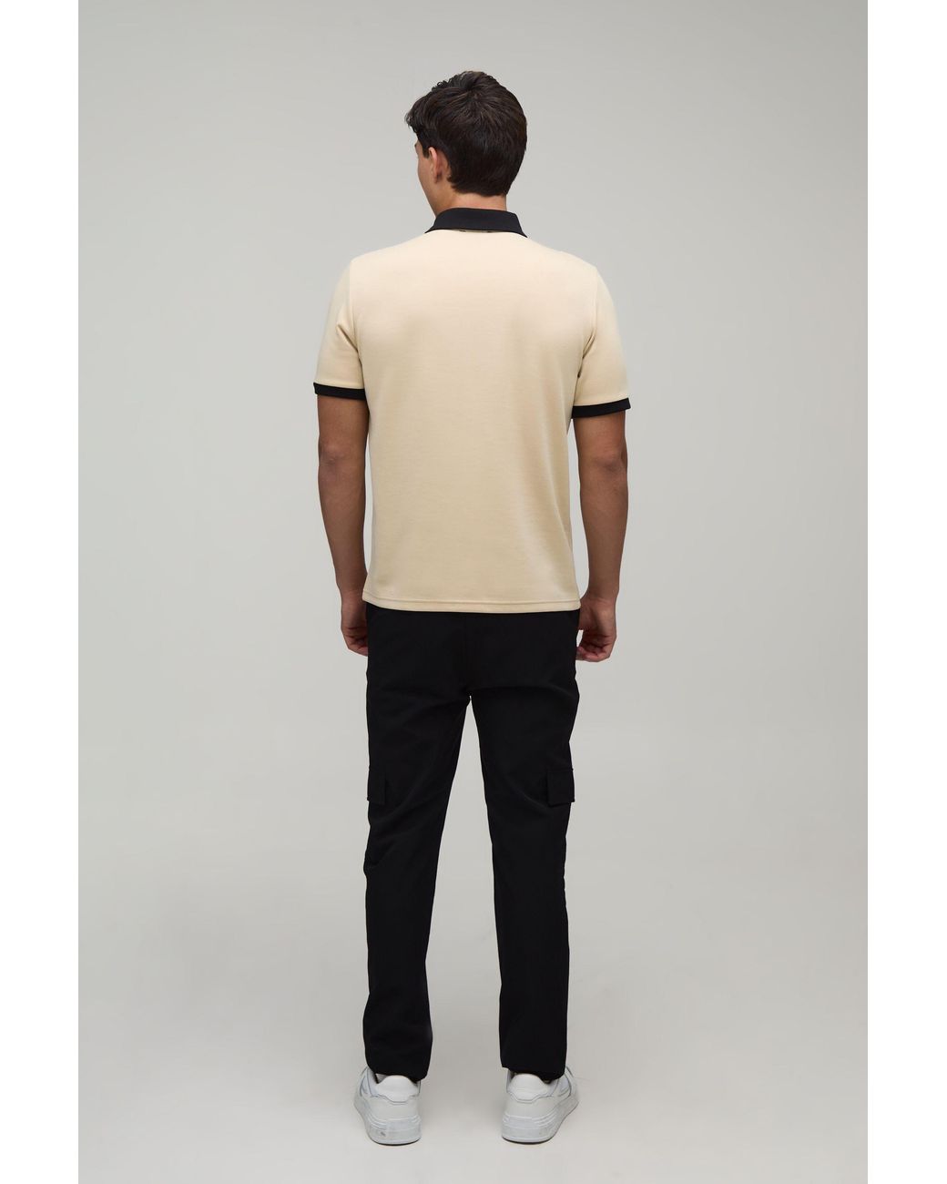 BoohooMAN White Slim Panelled Zip Neck Interlock Polo for men