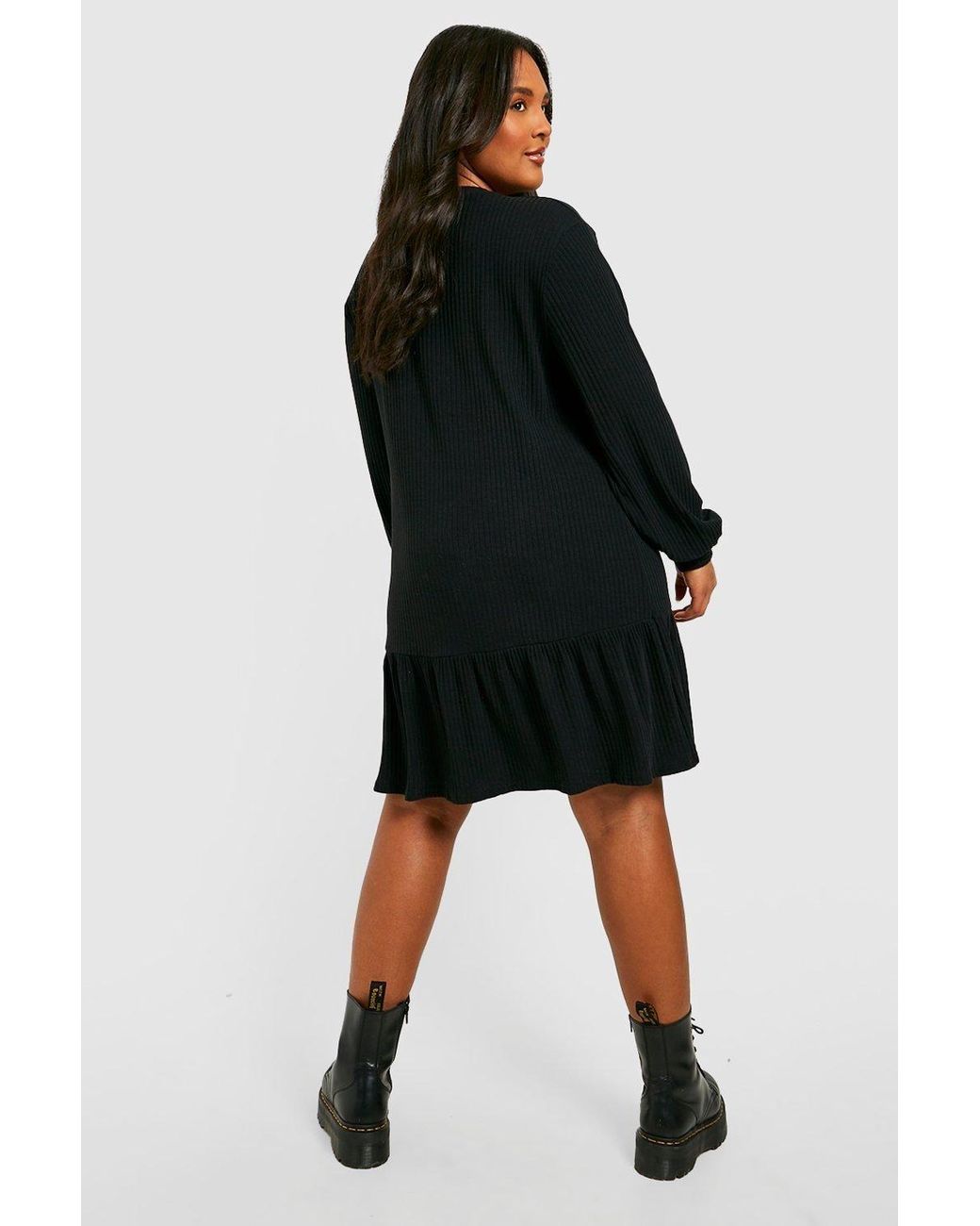 Boohoo Black Plus Soft Rib Ruffle Hem Smock Dress