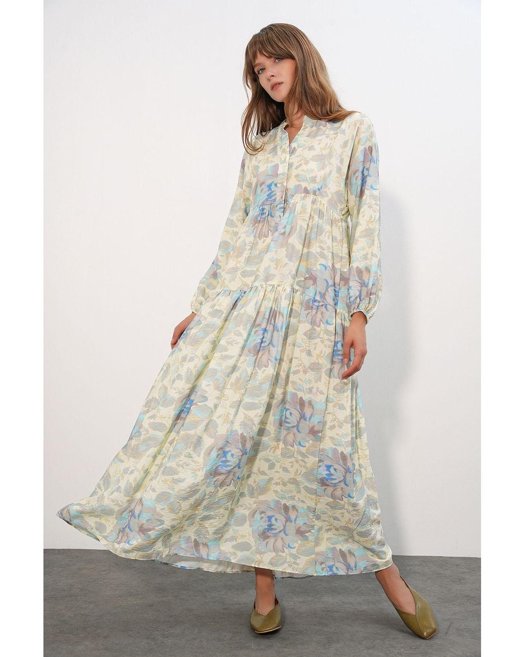 Bigdart Natural Floral Maxi Dress With Mandarin Collar